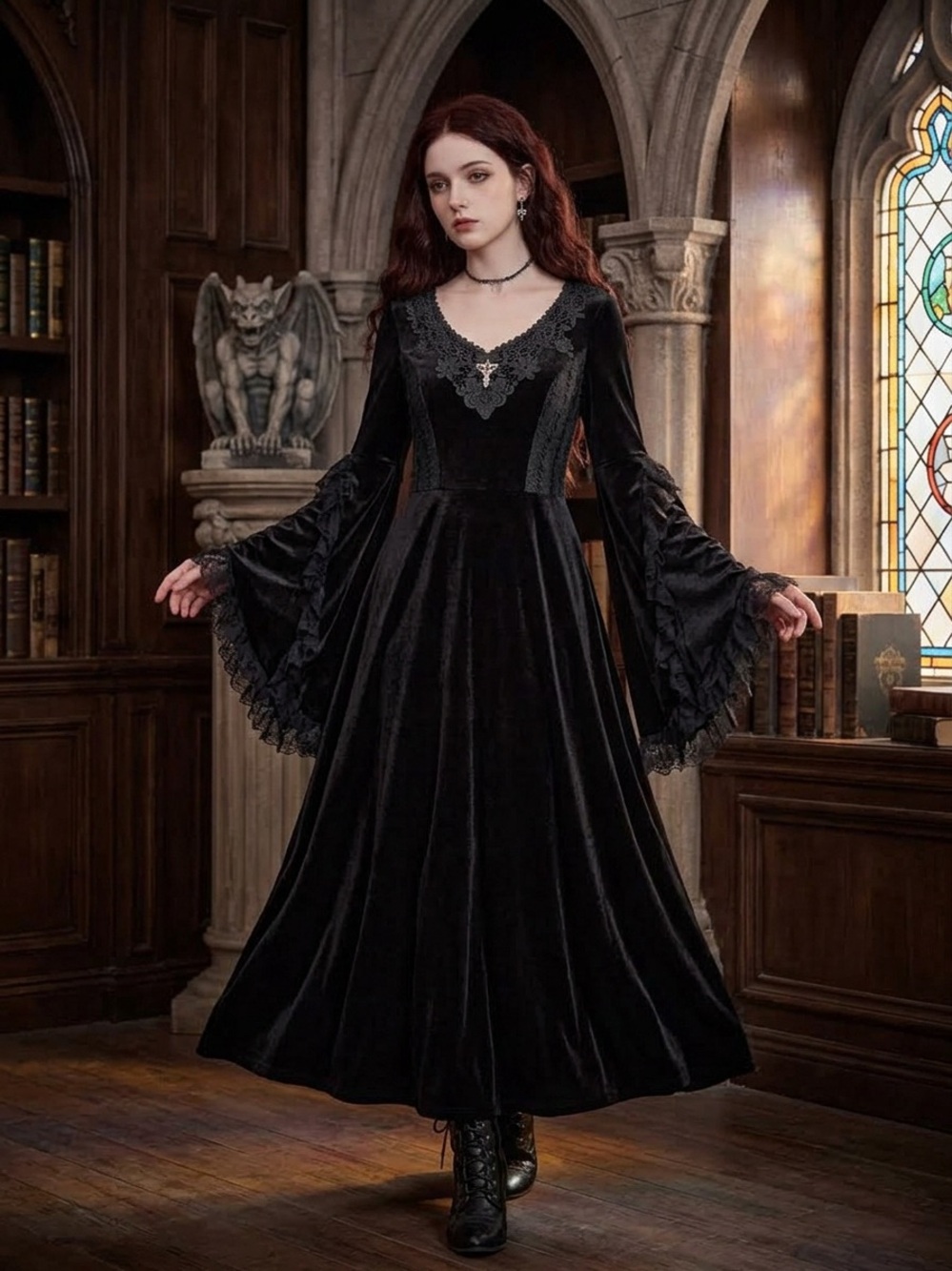 Dark In Love Black Velvet Long-Sleeve Maxi Dress with Lace Bell Sleeves
